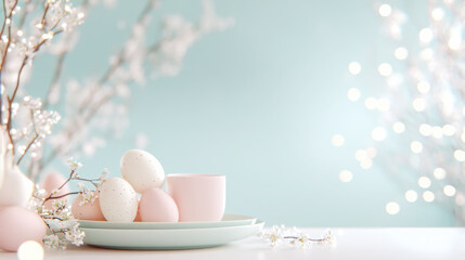 Minimalist spring table setting with pastel easter eggs and blossoms