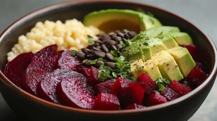 A plant-based vegan bowl with couscous, roasted beets, avocado, and a sprinkle of pumpkin seeds.