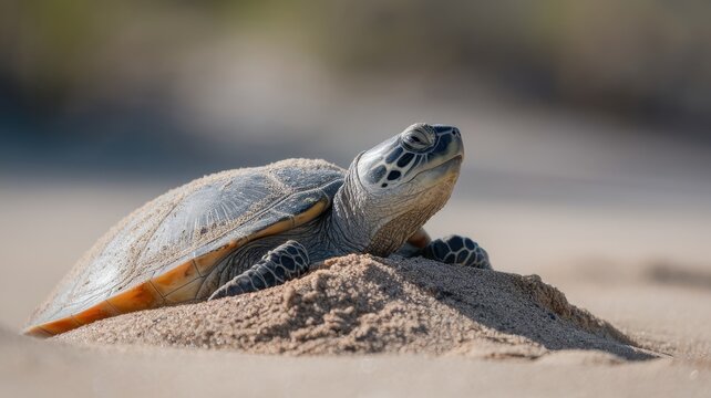 A serene sea turtle resting on a sandy beach, showcasing its intricate patterns and textures, bathed in warm sunlight.