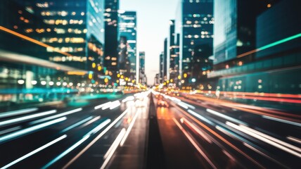 A vibrant cityscape at dusk with blurred lights capturing the essence of urban life and movement.