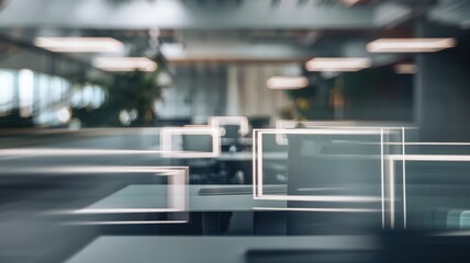 A blurred view of modern office workstations, showcasing sleek design and minimalistic decor in a bright and airy workspace.