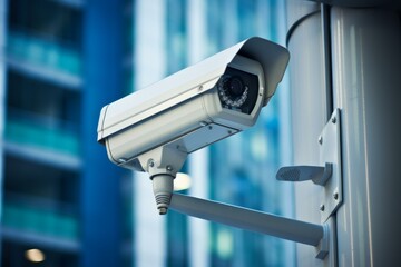 Security camera mounted on a pole, capturing footage of a modern building's exterior, ensuring safety and protection