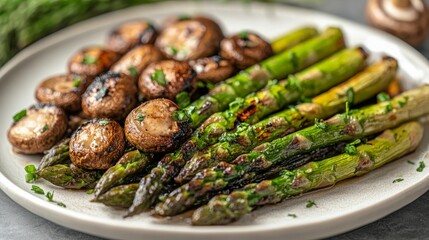 Char-grilled asparagus and mushrooms with a hint of garlic and herbs, served on a white plate.
