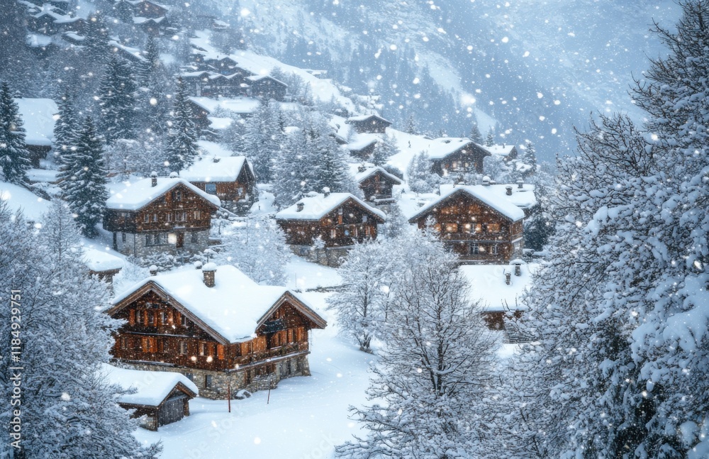 Poster a snow-covered village nestled in the mountains, surrounded by trees and softly falling snow. the wo