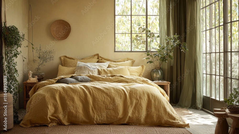 Poster in a spacious minimalist bedroom, soft butter-colored linens drape over the bed, complemented by gen