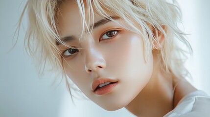 Fototapeta premium A young adult with delicate features and short, tousled blonde hair gazes thoughtfully. The bright room illuminates their calm expression, creating a serene atmosphere