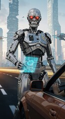 Futuristic robot cop interacting with holographic display in urban setting