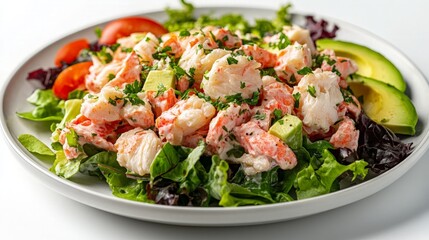 Crab salad with mixed greens, avocado, and a light vinaigrette dressing on a white plate.