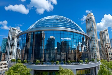 Obraz premium Modern architectural building with a reflective glass facade and a dome-shaped roof, surrounded by city skyline and blue sky.