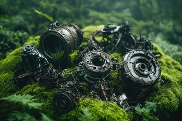 Rusty aircraft engine parts overgrown with moss in a lush green forest.