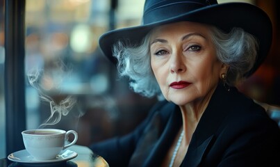 Sophisticated elderly woman with silver hair in a stylish hat, sitting in a cozy cafe with a steaming cup of tea, exuding elegance