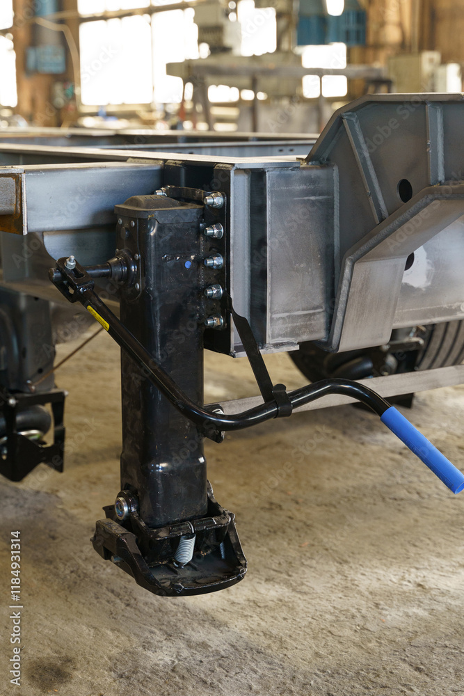 Poster mechanism of a trailer jack in a workshop showcasing detailed engineering