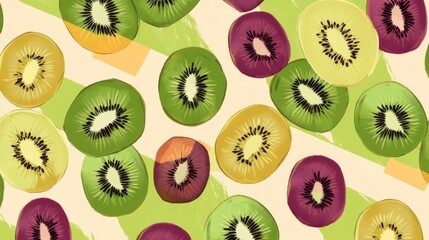 Fototapeta premium A Vibrant and Colorful Kiwi Fruit Pattern Design with Fresh and Delicious Kiwi Slices. This Seamless Pattern is Perfect for Wallpaper, Fabric, or Home Decor. A Delightful and Eye-Catching Art Print. 