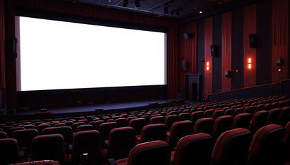 Empty Movie Theater with Red Seats and Blank Screen Generative AI
