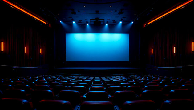 Empty Movie Theater with Red Seats and Blank Screen Generative AI - Powered by Adobe