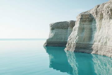 Serene turquoise water reflects layered white cliffs under a pale sky, a tranquil landscape.