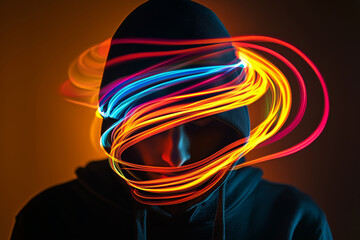 Abstract portrait of a hooded figure with multicolored neon light trails swirling around the head, conceptual art style. Futuristic concept of info technology and Ai systems, cyber safety
