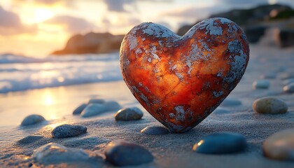 Fototapeta premium Heart-shaped rock resting on a serene beach