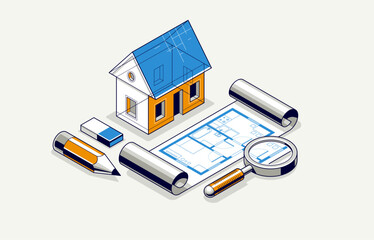 Cottage house for rest project concept, 3D isometric vector illustration of a small house building project, countryside small house cabin in village or nature.