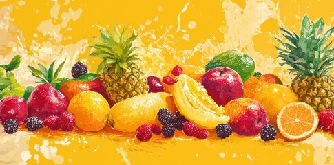 Vibrant Tropical Fruits Splashing in Yellow Juice