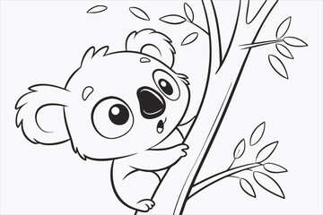 A cartoon illustration of a baby koala climbing a tree