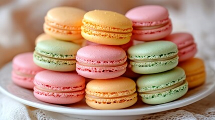 Obraz premium An assortment of colorful macarons stacked neatly on a white plate, featuring vibrant shades of pink, yellow, and green.