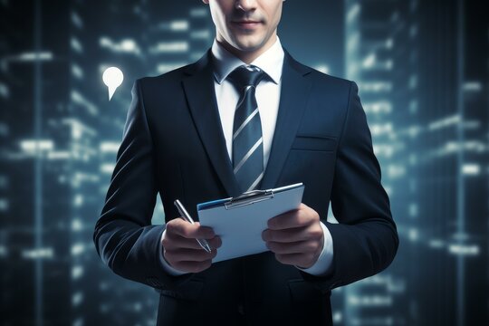 Businessman taking notes on clipboard in modern server room with speech bubble icon - Powered by Adobe