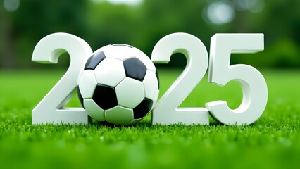 Numbers 2025 with soccer ball on green soccer field in background