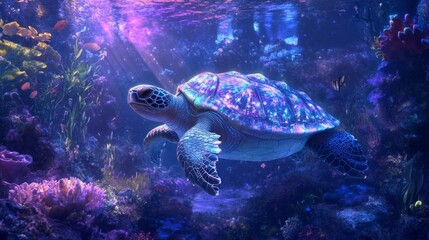 Obraz premium A magnificent turtle swims serenely in a mesmerizing ocean, its crystal shell radiating enchanting colors. Surrounding corals and aquatic life create a magical underwater habitat