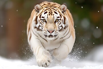 Obraz premium A fierce tiger running through snowy terrain, showcasing its strength and agility in a stunning natural setting.