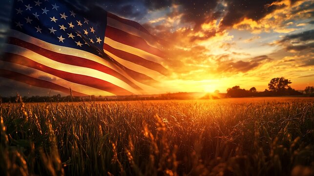 Stars and stripes fluttering dynamically in the wind over a quiet meadow