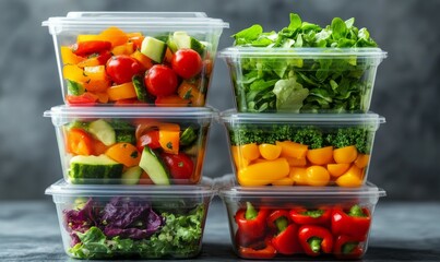 Stack of Prepped Meal Containers with Assorted Fresh Salads