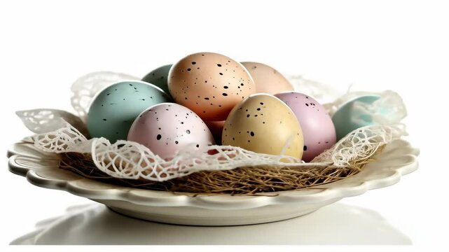 Colorful easter eggs in decorative nest rotate on elegant plate
