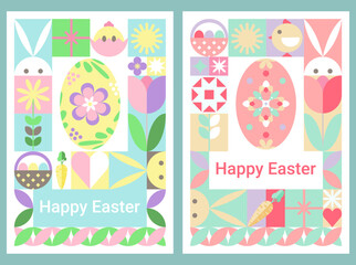 Happy Easter Holiday Abstract Geometric Shapes Bauhaus Style Poster Banner Card Set
