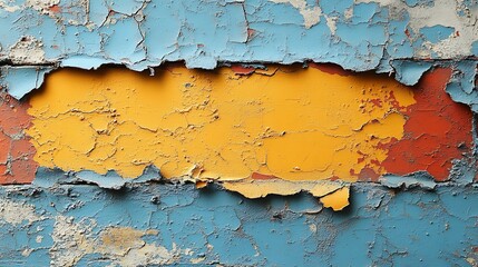 Obraz premium Blue and Yellow Paint Peeling On Weathered Surface