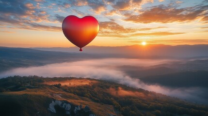Fototapeta premium Lonely heart balloon floating above a misty mountain landscape at sunrise