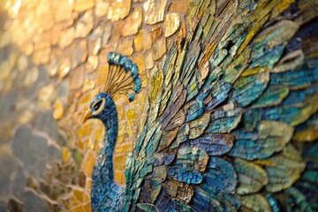 Fototapeta premium A vibrant mosaic artwork depicting a peacock's iridescent feathers in intricate detail.