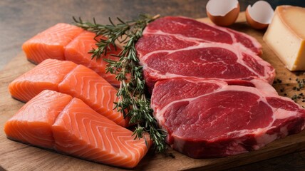 Fresh salmon fillets and juicy beef steaks arranged on a wooden board, garnished with rosemary and accompanied by cheese and eggs.