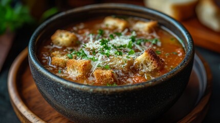 A rustic bowl of tomato soup served with a side of crispy croutons and a sprinkle of Parmesan cheese.