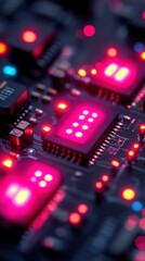 Obraz premium Close-up of illuminated circuit board with glowing components.