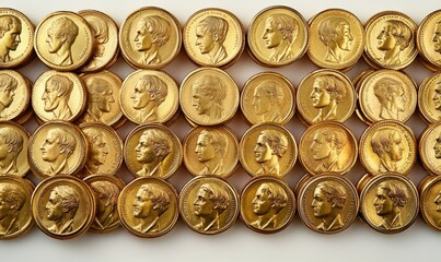 Row of gold colored coins with faces on them. The coins are arranged in a pattern and appear to be from the United States