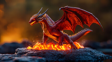 Fiery dragon figurine on lava base. Firestone. Illustration