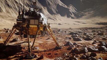 Fototapeta premium A futuristic lunar lander on a rocky, barren surface, capturing the essence of space exploration.
