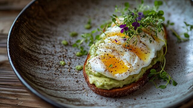 A close-up of avocado toast topped with a poached egg and a sprinkle of microgreens, served on a rustic wooden table.