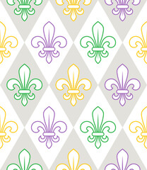 Geometric Mardi Gras pattern with outline icons of Fleur de lis symbol on white background. Diagonal classic diamond shaped rhombus grid. Harlequin ornament. © OA_Creation