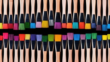 A colorful array of paintbrushes arranged symmetrically, showcasing vibrant bristle colors against a dark backdrop, creating a lively artistic vibe.