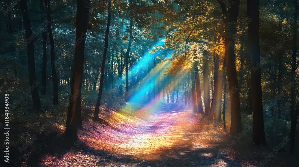 Poster Magical forest path with sunbeams creating a rainbow effect on the ground.