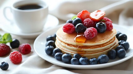 A plate of pancakes with fresh berries (strawberries, blueberries, raspberries) and a drizzle of honey, served with a cup of coffee on the side.