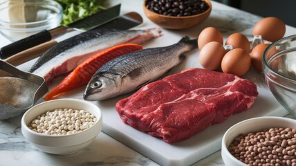 A vibrant display of fresh ingredients, featuring fish, beef, and eggs, ready for cooking in a well-lit kitchen.