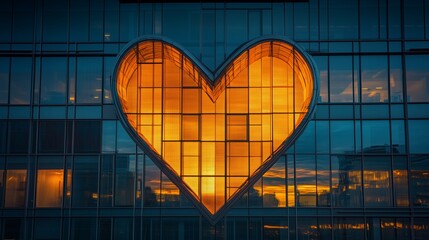 Office building windows forming a heart pattern, illuminated at twilight